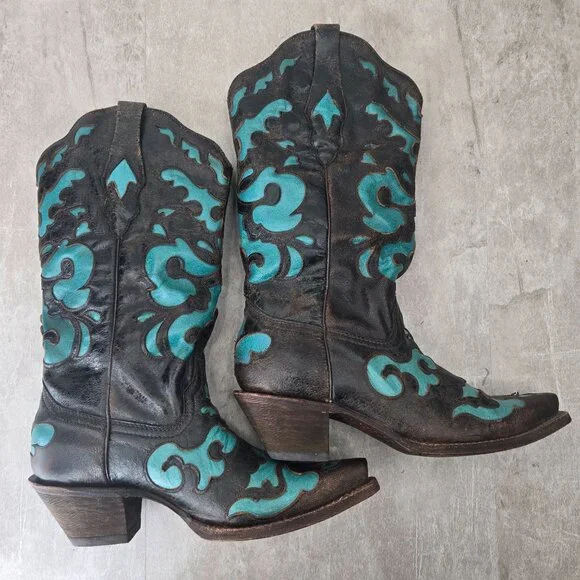 Corral Vintage Western Boots Sz 8 Knee high Brown Aqua Pointed Toe Boho Cowgirl - Picture 5 of 13